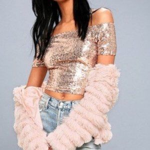 Lulu’s Off the Shoulder Rose Gold Sequin Crop Top